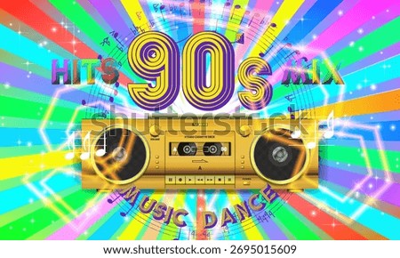 Vector festive bright entertainment poster. 90s. Vintage gold cassette player with speakers. Music, dance, hits and mix. Colored rays, musical symbols and sparkles