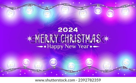 Vector festive bright glowing poster. 2024. Merry Christmas and Happy New Year. Vintage garland of round incandescent light bulbs. Purple shadow of the Chinese dragon.