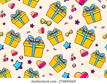 Vector festive bright pattern with yellow gift box and star, heart, cherry on light background. Hand drawn line art design for web, site, advertising, banner, poster, board and print.  