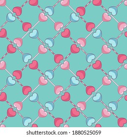 vector festive bright seamless pattern with hearts and lollipops on a mint background. Design for fabrics, gift packaging