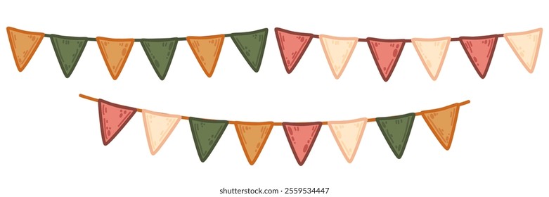 Vector festive bunting in earthy tones of green, orange, and beige. Hand-drawn illustration set in simple cartoon style. Colorful triangular bunting in warm earthy hues for festive decoration