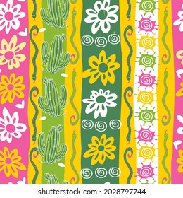 Vector festive cactus and daisy flowers verticle stripes with snakes seamless repeat pattern. Suitable for textile, gift wrap and wallpaper.