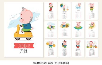 Vector festive calendar with cute illustration of pigs. Excellent for the design of postcards, posters, stickers and so on.