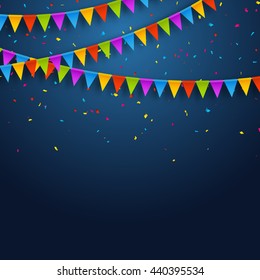 Vector festive card with confetti, party invitation design template. Festive celebration background.