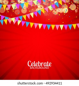 Vector festive card with confetti, party invitation. Festive celebration background.