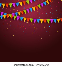 Vector festive card with confetti, party invitation design template. Festive celebration background.