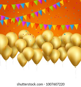 Vector festive card golden balloons and confetti, party invitation. Festive celebration background