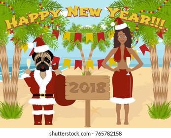 Vector festive card with pug dog and  dark-skinned girl in santa costumes on the decorated christmas beach.
