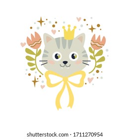 Vector festive cartoon cat with crown, bow, flowers. Flat style. Excellent for the design of postcards, posters, stickers and so on.