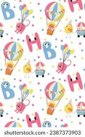 Vector festive children's birthday pattern. Seamless background with animals: lion, cat, chicken. Festive paraphernalia, cake, candle, balloons, sweets