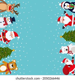 Vector festive Christmas background! Nice postcard. Snowman, Santa Claus, tree, deer, bear, tiger 