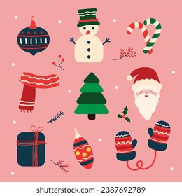 Vector festive Christmas clipart elements collection, icons New Year decoration illustrations of xmas Christians cute.