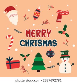 Vector festive Christmas clipart elements collection, icons New Year decoration illustrations of xmas Christians cute.