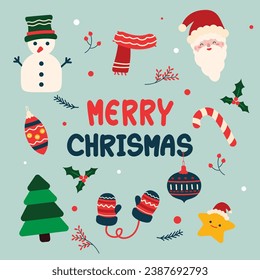 Vector festive Christmas clipart elements collection, icons New Year decoration illustrations of xmas Christians cute.