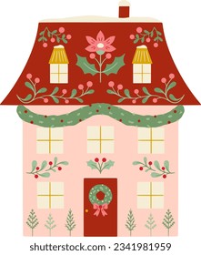 Vector Festive Christmas Decorated Holiday House Illustration