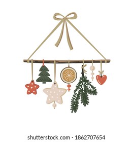 Decoración navideña vectorial hecha de estrellas, corazones, ramas naranja y abeto. el diseño de postales, afiches, pegatinas y demás.