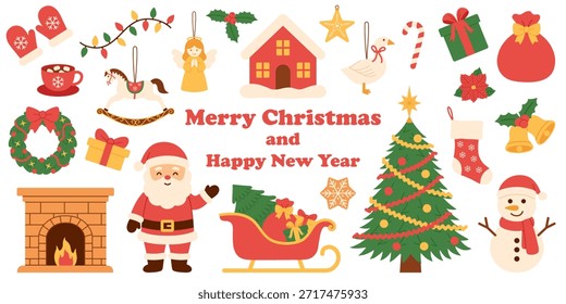 Vector festive Christmas illustration set: Santa, tree, snowman, gifts, wreath, ornaments and winter decor. For scrapbooking, greeting cards, prints, stickers, packaging, holiday designs. Hand drawn.