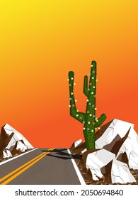 Vector festive christmas or new year card with cactus wrapped in a garland by the road in the desert at sunset