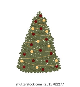 Vector festive Christmas tree isolated on a white background. Winter holiday decorated pine.