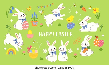 Vector festive clip art of cute white Easter Bunnies, Easter eggs, chicks and spring flowers on green background. Happy Easter greeting card, poster, banner template.