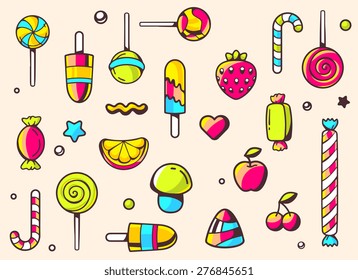Vector festive colorful pattern with sweets on light background. Hand draw line art design for web, site, advertising, banner, poster, board and print.  