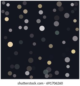 Vector festive confetti background. New year, Christmas, birthday celebration frame. Shiny bokeh lights, holiday decoration, gold and silver glitter in different opacity. Falling snow circles pattern.