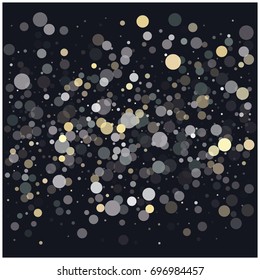 Vector festive confetti background. New year, Christmas, birthday celebration frame. Shiny bokeh lights, holiday decoration, gold and silver glitter in different opacity. Falling snow circles pattern.
