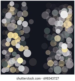 Vector festive confetti background. New year, Christmas, birthday celebration frame. Shiny bokeh lights, holiday decoration, gold and silver glitter in different opacity. Falling snow circles pattern.
