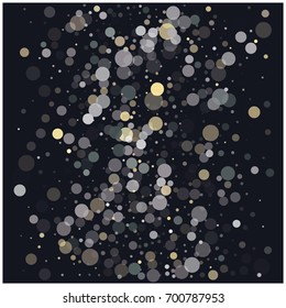 Vector festive confetti background. New year, Christmas, birthday celebration frame. Shiny bokeh lights, holiday decoration, gold and silver glitter in different opacity. Falling snow circles pattern.