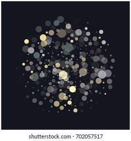 Vector festive confetti background. New year, Christmas, birthday celebration frame. Shiny bokeh lights, holiday decoration, gold and silver glitter in different opacity. Falling snow circles pattern.