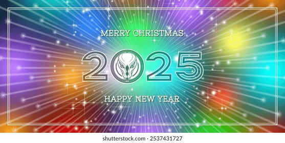 Vector festive cosmic starry bright radiant colored glowing banner. Merry Christmas, Happy New Year 2025. Congratulations postcard. Head of stylistic green snake.