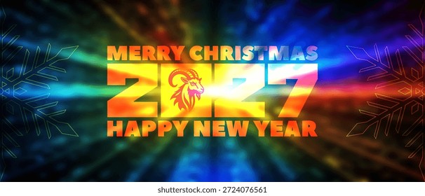 Vector festivo oscuro radiante borroso Anuncio futurista abstracto de vacaciones. Feliz Navidad y Feliz Año Nuevo 2027. Símbolo del horóscopo chino. Potente cabra con cuernos, copo de nieve y zodiaco