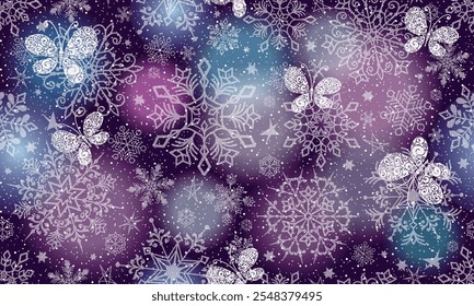 Vetor festivo escuro padrão de Natal sem costura com flocos de neve de renda e borboletas brancas e manchas coloridas
