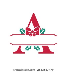 Vector festive, decorative split letter A monogram with Christmas elements, perfect for personalized holiday designs. Symbols and ornaments, ideal for branding, logos, and family name templates