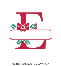 Vector festive, decorative split letter E monogram with Christmas elements, perfect for personalized holiday designs. Symbols and ornaments, ideal for branding, logos, and family name templates