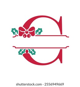 Vector festive, decorative split letter C monogram with Christmas elements, perfect for personalized holiday designs. Symbols and ornaments, ideal for branding, logos, and family name templates