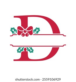 Vector festive, decorative split letter D monogram with Christmas elements, perfect for personalized holiday designs. Symbols and ornaments, ideal for branding, logos, and family name templates