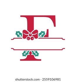 Vector festive, decorative split letter F monogram with Christmas elements, perfect for personalized holiday designs. Symbols and ornaments, ideal for branding, logos, and family name templates