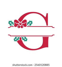 Vector festive, decorative split letter G monogram with Christmas elements, perfect for personalized holiday designs. Symbols and ornaments, ideal for branding, logos, and family name templates