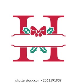 Vector festive, decorative split letter H monogram with Christmas elements, perfect for personalized holiday designs. Symbols and ornaments, ideal for branding, logos, and family name templates