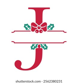 Vector festive, decorative split letter J monogram with Christmas elements, perfect for personalized holiday designs. Symbols and ornaments, ideal for branding, logos, and family name templates