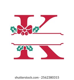 Vector festive, decorative split letter K monogram with Christmas elements, perfect for personalized holiday designs. Symbols and ornaments, ideal for branding, logos, and family name templates