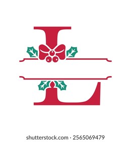 Vector festive, decorative split letter L monogram with Christmas elements, perfect for personalized holiday designs. Symbols and ornaments, ideal for branding, logos, and family name templates