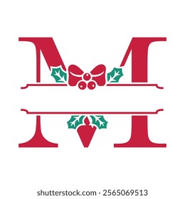 Vector festive, decorative split letter M monogram with Christmas elements, perfect for personalized holiday designs. Symbols and ornaments, ideal for branding, logos, and family name templates