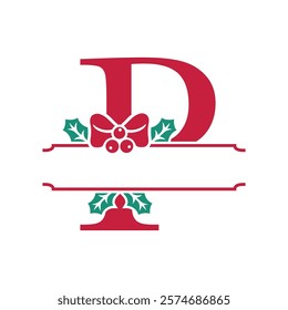 Vector festive, decorative split letter P monogram with Christmas elements, perfect for personalized holiday designs. Symbols and ornaments, ideal for branding, logos, and family name templates