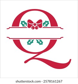 Vector festive, decorative split letter Q monogram with Christmas elements, perfect for personalized holiday designs. Symbols and ornaments, ideal for branding, logos, and family name templates