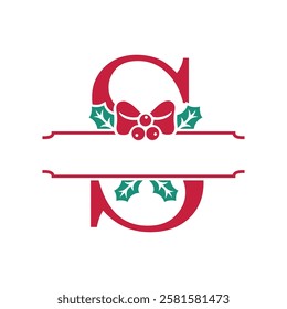 Vector festive, decorative split letter S monogram with Christmas elements, perfect for personalized holiday designs. Symbols and ornaments, ideal for branding, logos, and family name templates