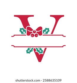 Vector festive, decorative split letter V monogram with Christmas elements, perfect for personalized holiday designs. Symbols and ornaments, ideal for branding, logos, and family name templates