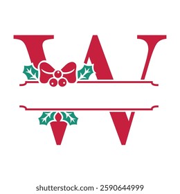 Vector festive, decorative split letter W monogram with Christmas elements, perfect for personalized holiday designs. Symbols and ornaments, ideal for branding, logos, and family name templates