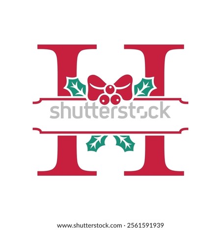 Vector festive, decorative split letter H monogram with Christmas elements, perfect for personalized holiday designs. Symbols and ornaments, ideal for branding, logos, and family name templates